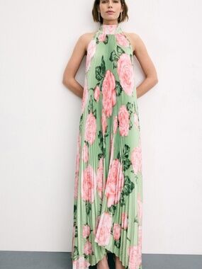 L’IDEE Olympia Pleated Halter Asymmetrical Gown Green Floral Halter US 8